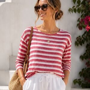 T by Talbots Red and White Striped Back Tie Top Size Large